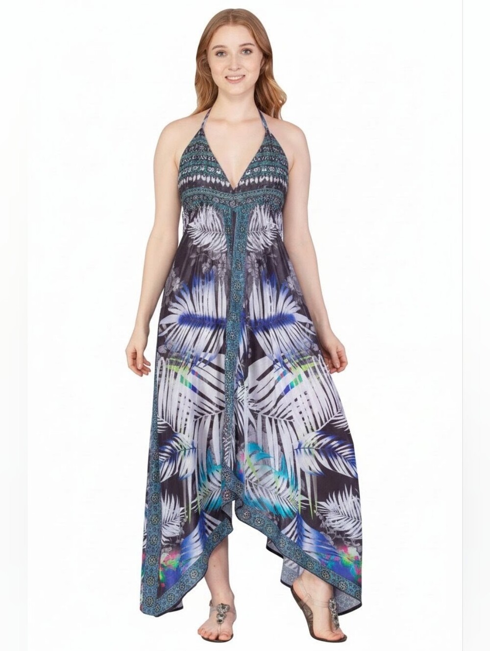 Printed Halter Dress in Teal and Blue